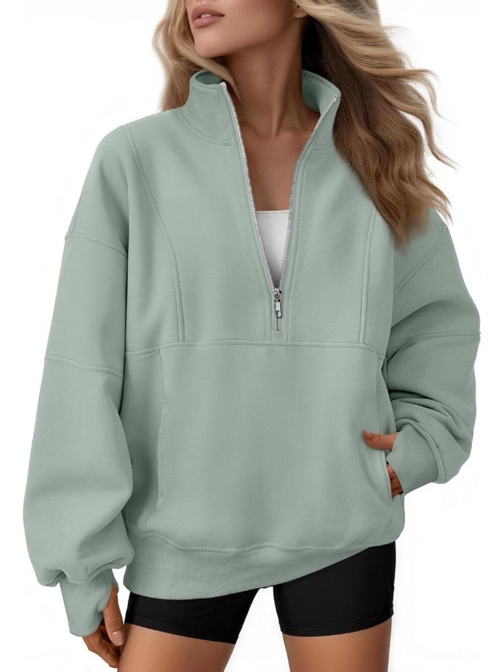 〽️Women Grey Green Quarter Zip Oversized Fleece Mock Neck Pullover Hoodie Jacket